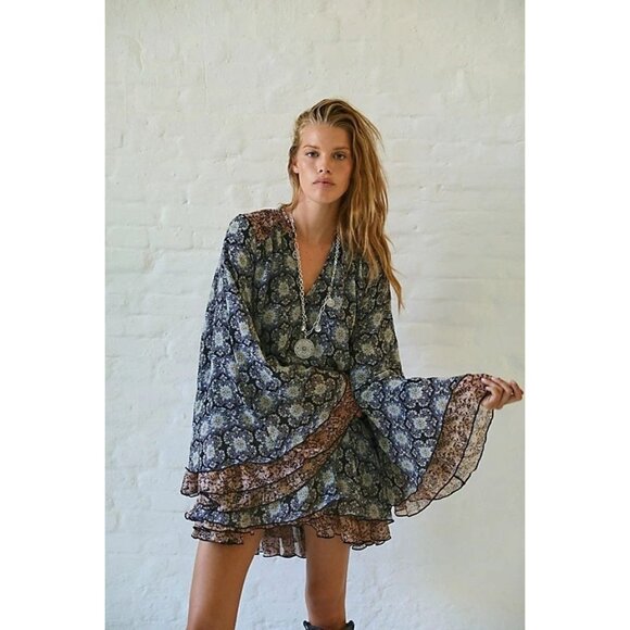 Free People Gabi Tunic Mini Dress/Top Blue Floral Retro Dramatic Hippie XS - Picture 1 of 10